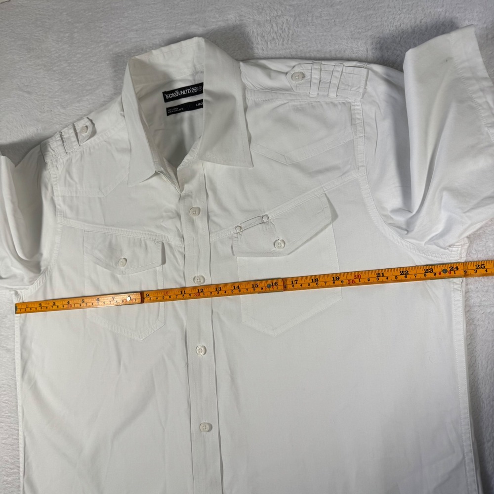 Ecko Unltd Button Up Shirt‎ Mens Large White Epaulettes Utility E72 Streetwear - Picture 8 of 13